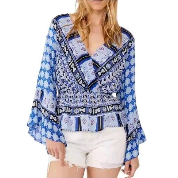 Free People Rosalie Wrap Blouse In Indigo Bell Sleeve V-Neck Blouse Size S - Picture 3 of 13